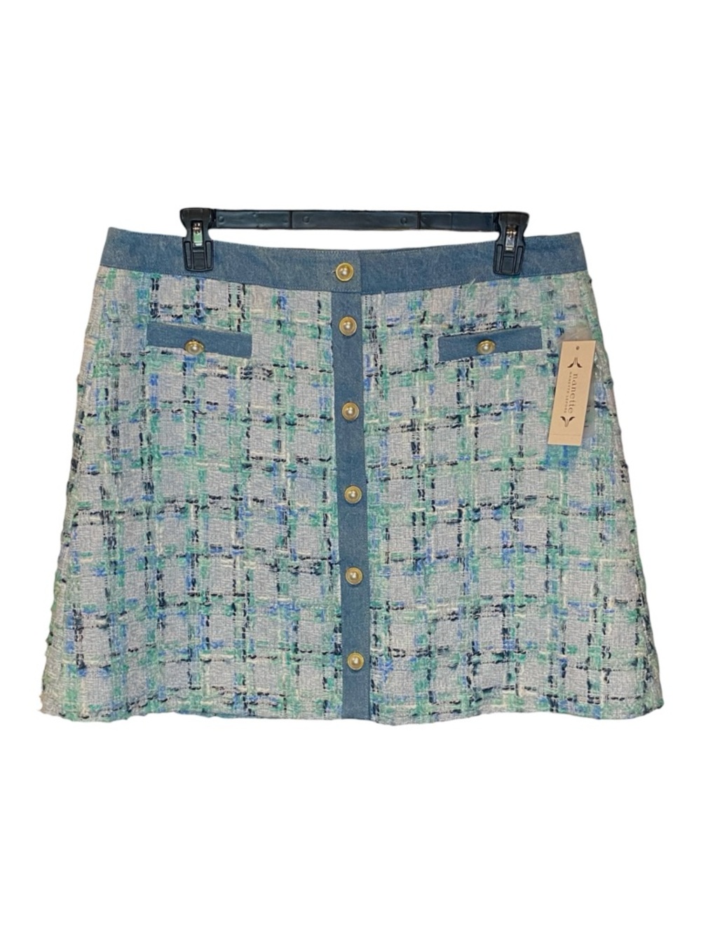 Nanette Lepore Tweed Mini Skirt Blue Plaid Pearl Buttons Womens Size XL NWT